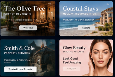 Website examples: The Olive Tree café, Coastal Stays holiday accommodation, Smith and Cole property services, and Glow Beauty