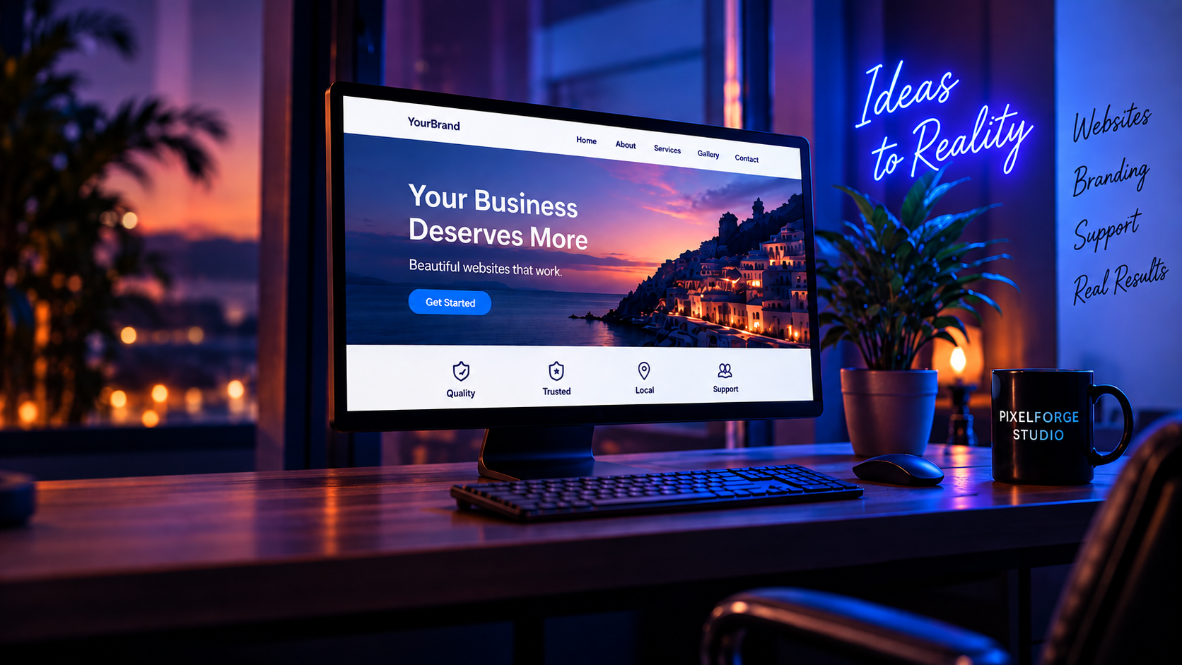 PixelForge Studio workspace with a business website on a monitor and an Ideas to Reality neon sign